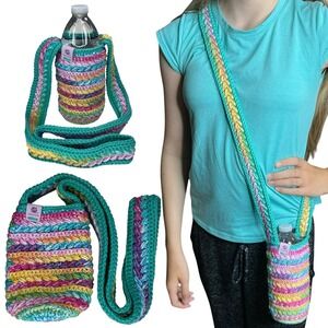 Handmade Multicolor Crochet Water Bottle Holder Bag Wheat Stitch Boho Crossbody
